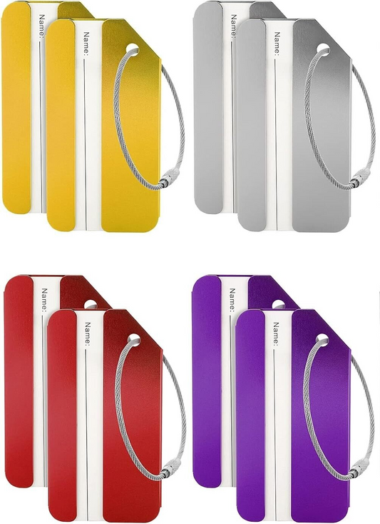 Set of four aluminum luggage tags in red, purple, orange, and silver with business card holders, privacy covers, and metal attachment cords.