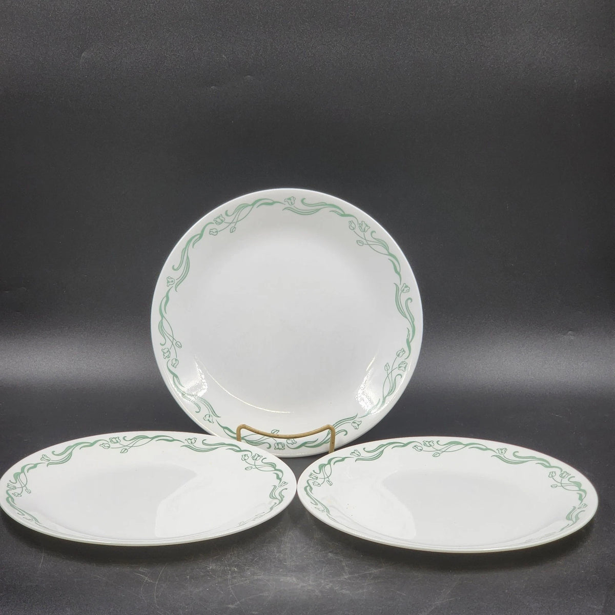 Corelle Emily Green Swirl Dinner Plates Set 3 10.25" Vitrelle Glass USA