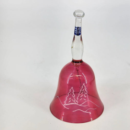 Vintage Sickles cranberry glass bell with etched pine tree winter scene