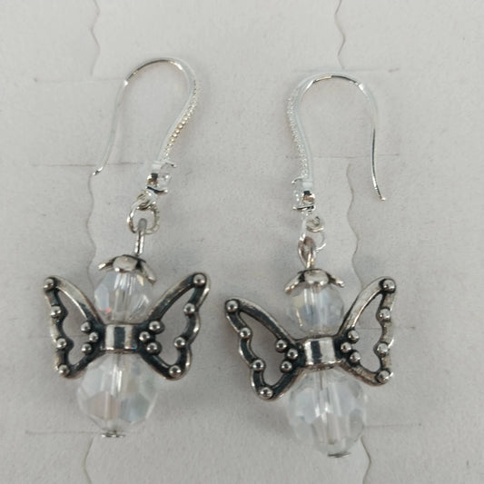 Silver tone angel wing dangle earrings with clear faceted beads