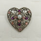 Silver tone heart filigree brooch with faux pearl and rhinestones