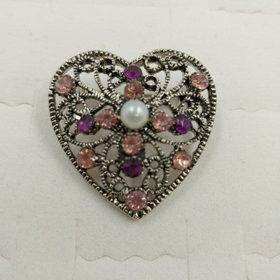 Silver tone heart filigree brooch with faux pearl and rhinestones
