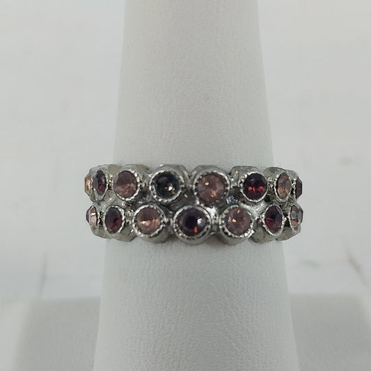 Silver tone double row band ring with pink and purple rhinestones