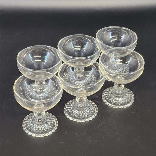 Set of 6 Anchor Hocking bubble foot champagne glasses clear pressed glass