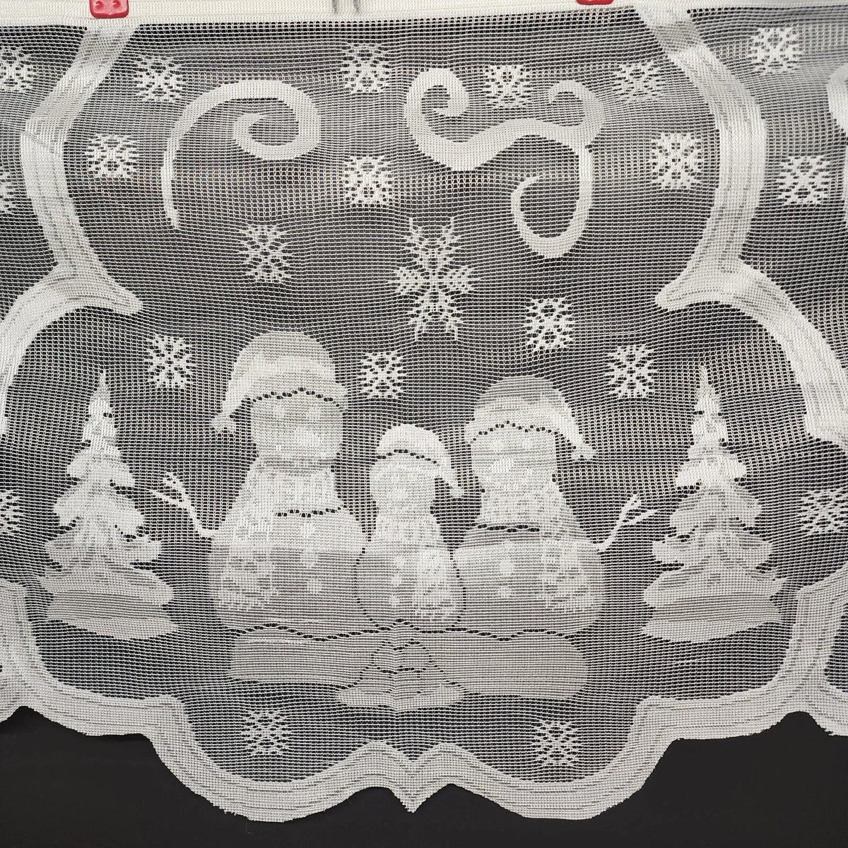 White lace snowman Christmas mantel scarf with trees
