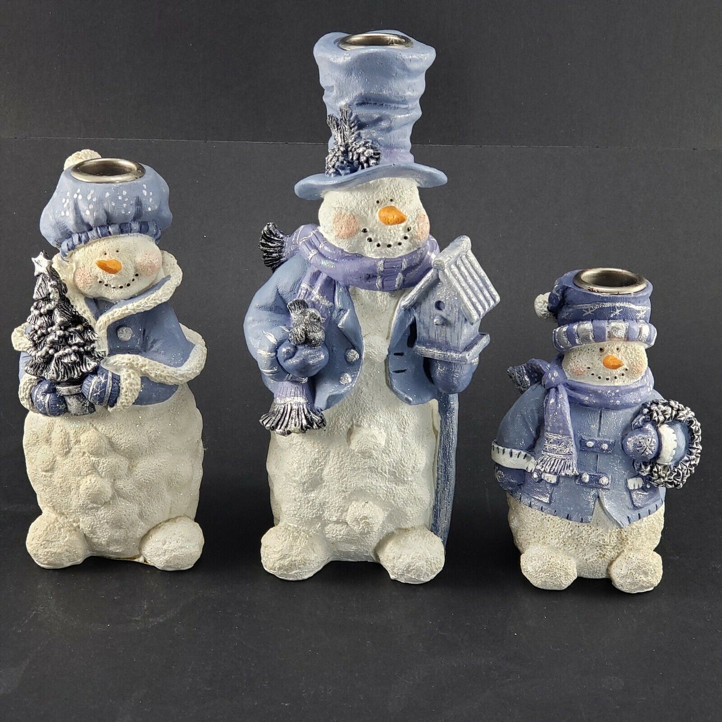 snowmen candle holders set blue white christmas decor