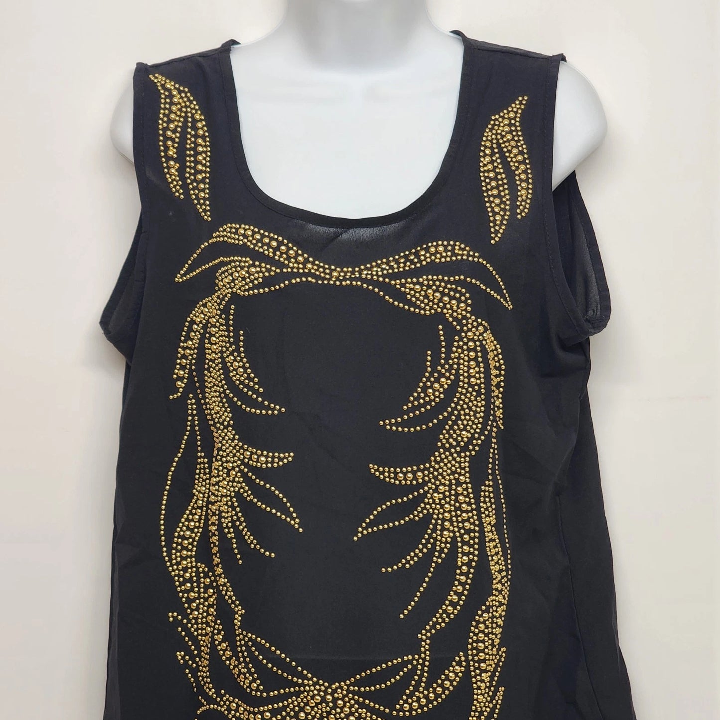 Black sleeveless tank top with gold beaded embellishments for women