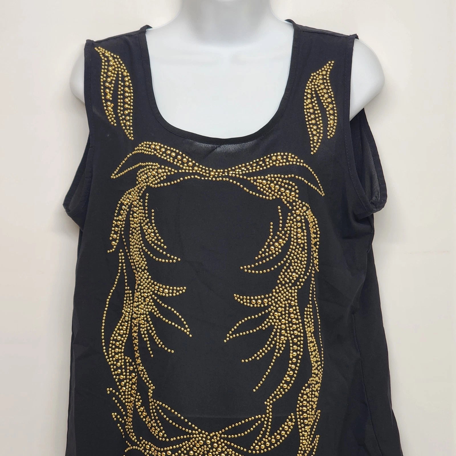 Black sleeveless tank top with gold beaded embellishments for women