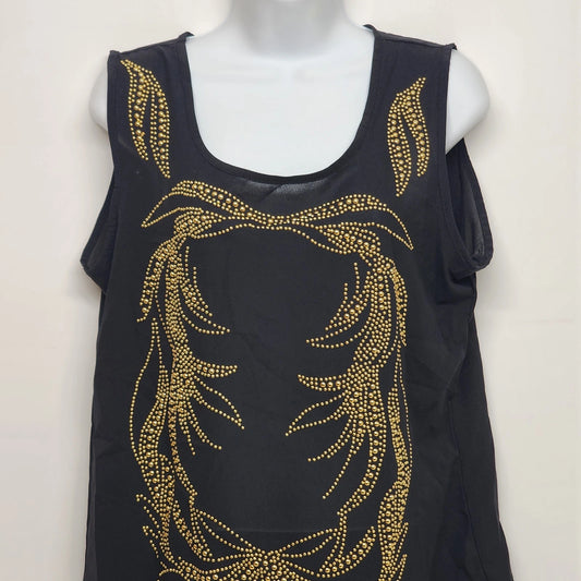 Black sleeveless tank top with gold beaded embellishments for women