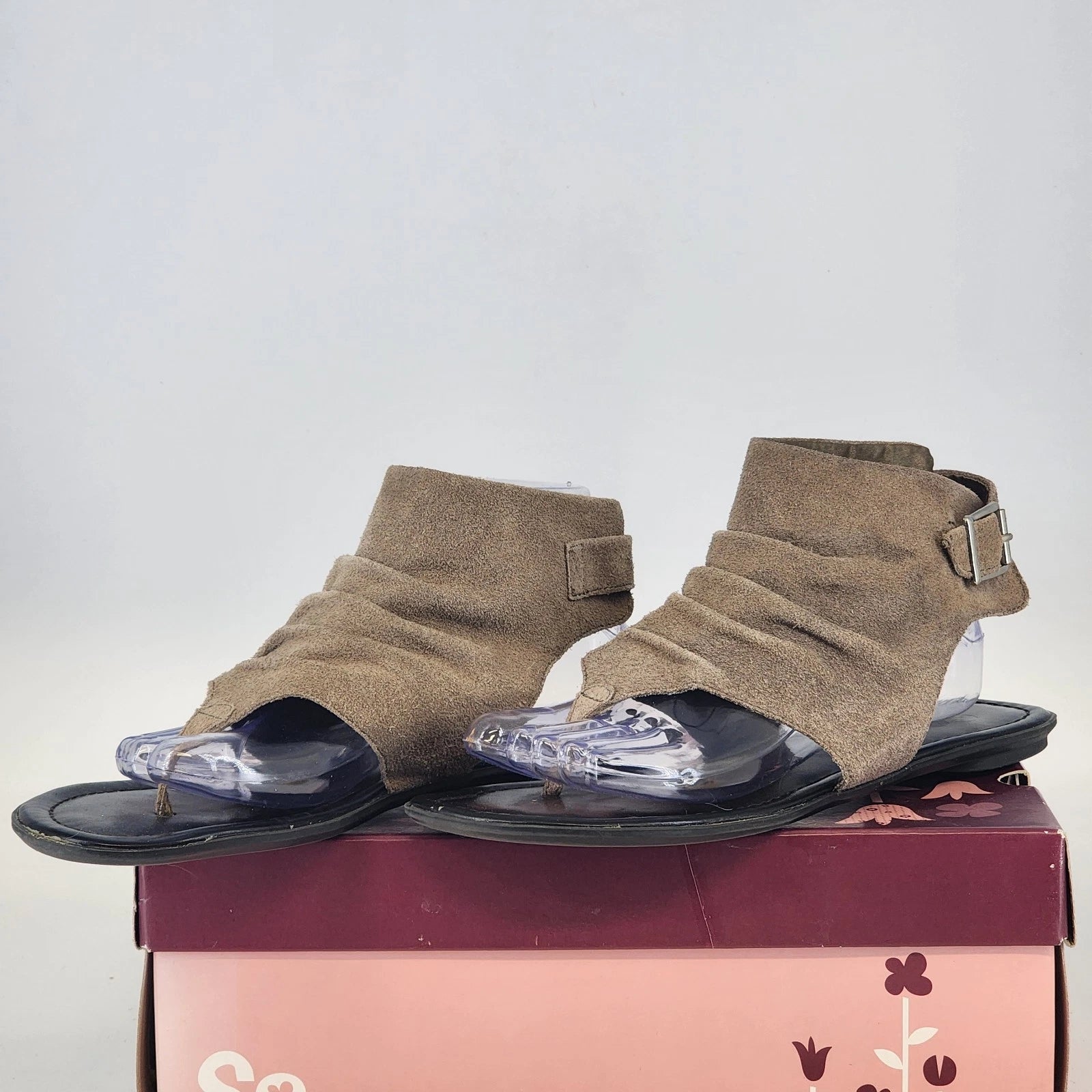 Women’s beige suede Sonoma ankle strap sandals with black accents