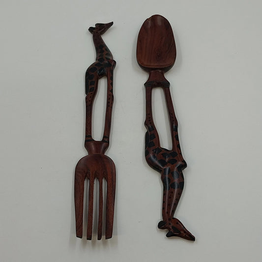 South African carved wood giraffe handle salad serving set