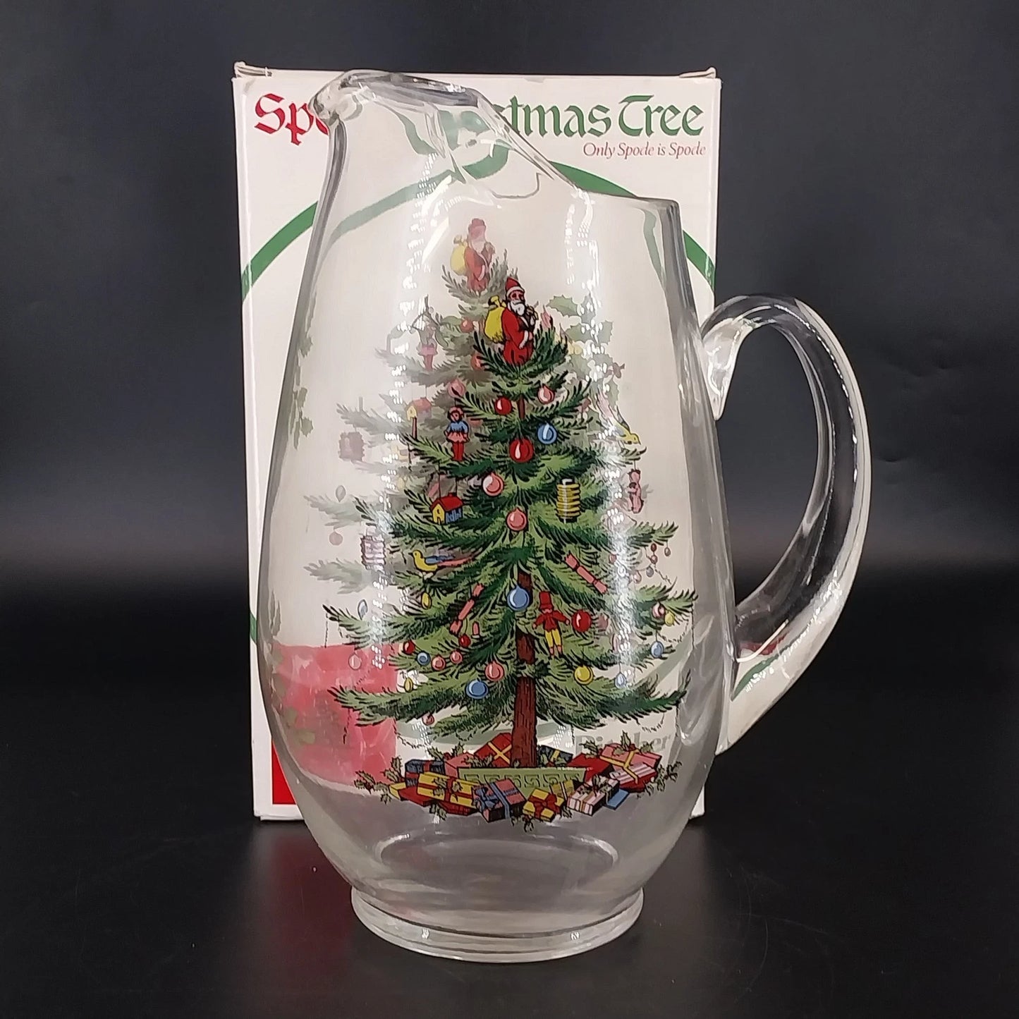 Spode Christmas Tree clear glass pitcher with Santa and holly