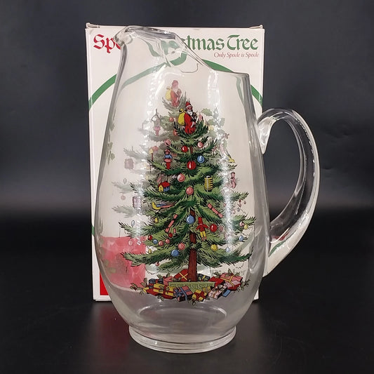 Spode Christmas Tree clear glass pitcher with Santa and holly