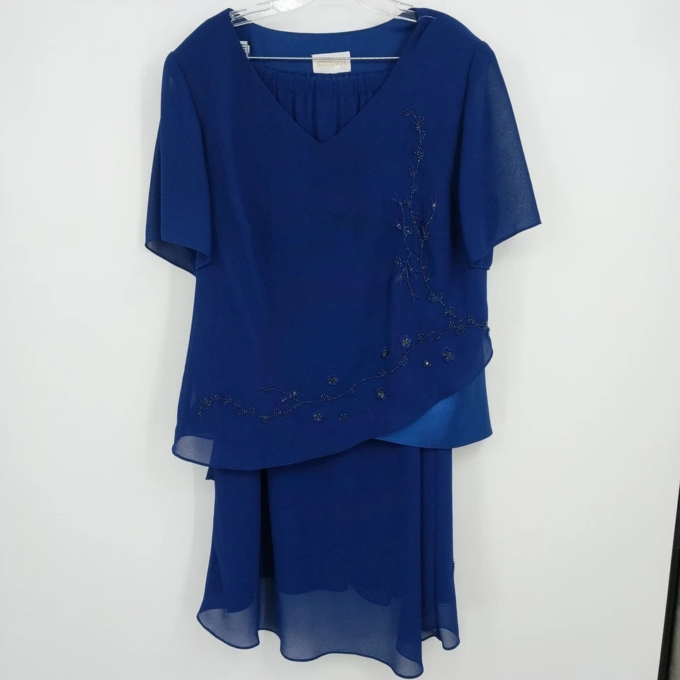Studio 1 navy blue beaded blouse and long skirt 2 piece outfit size 18W