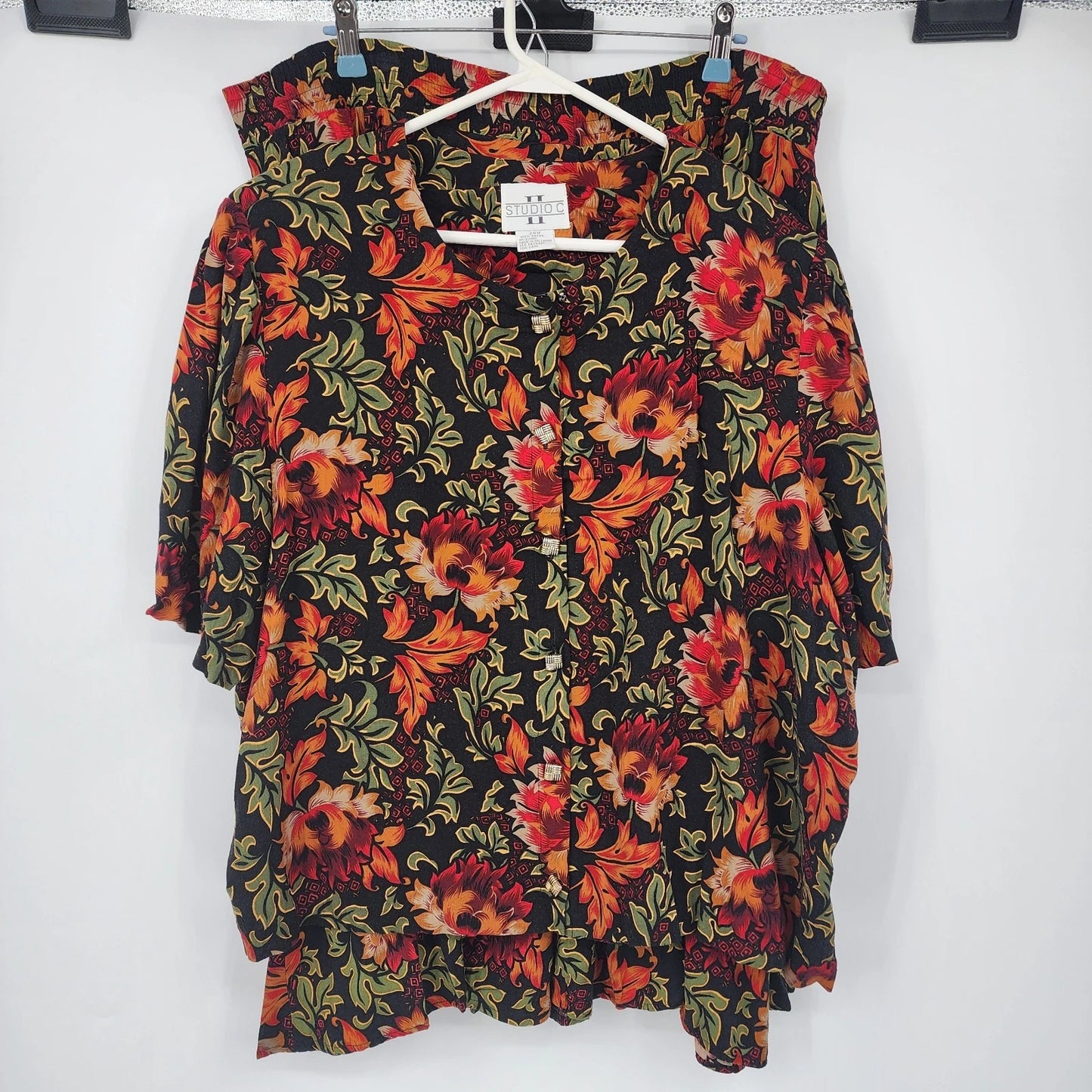 Studio C floral rayon top and skirt set in black orange and red