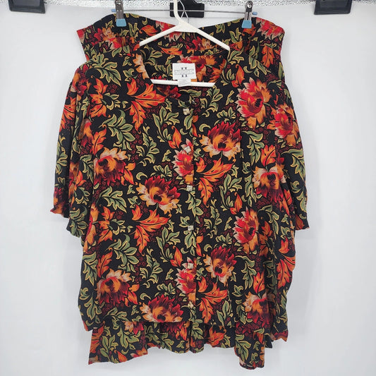 Studio C floral rayon top and skirt set in black orange and red