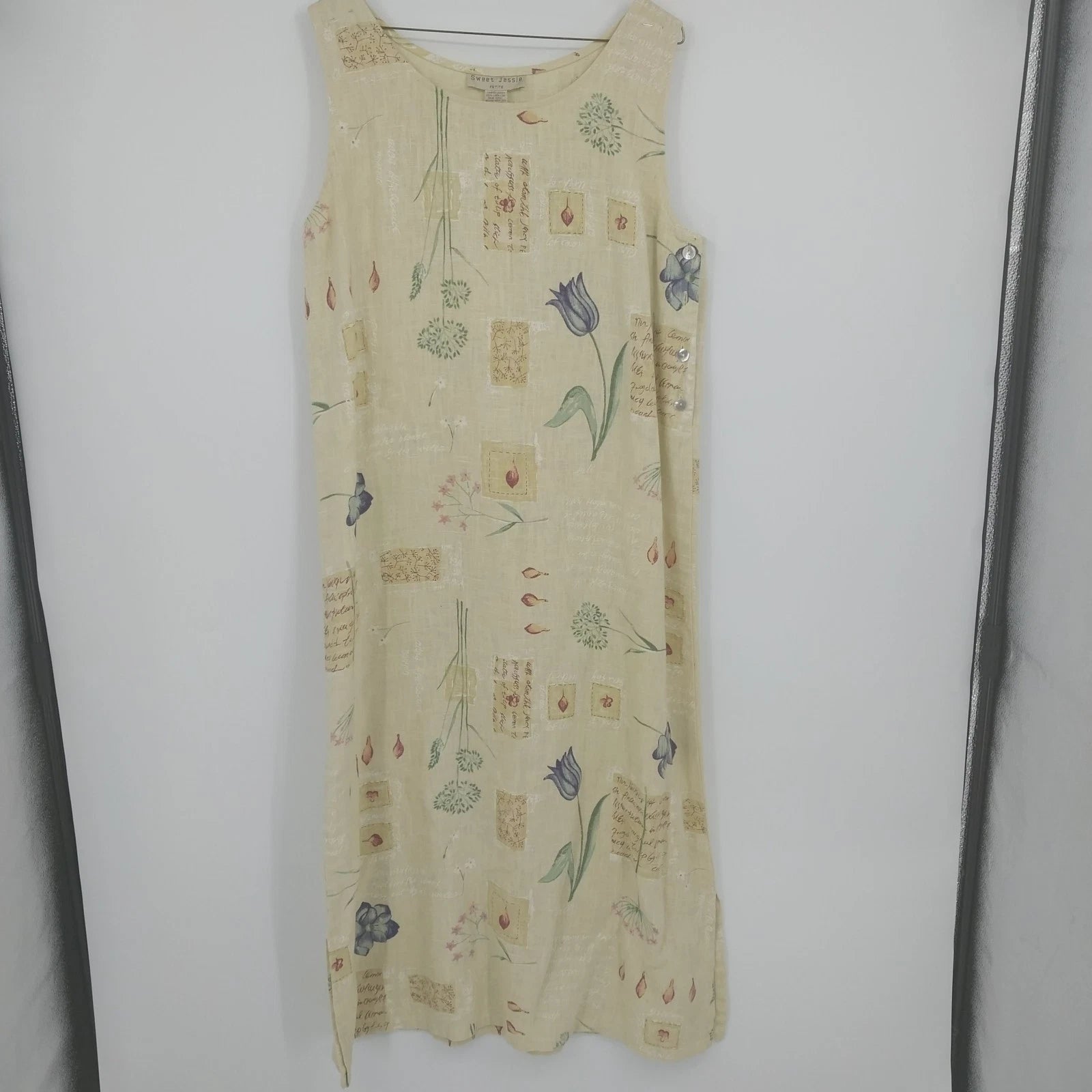 Sweet Jessie yellow floral botanical linen maxi dress sleeveless petite large