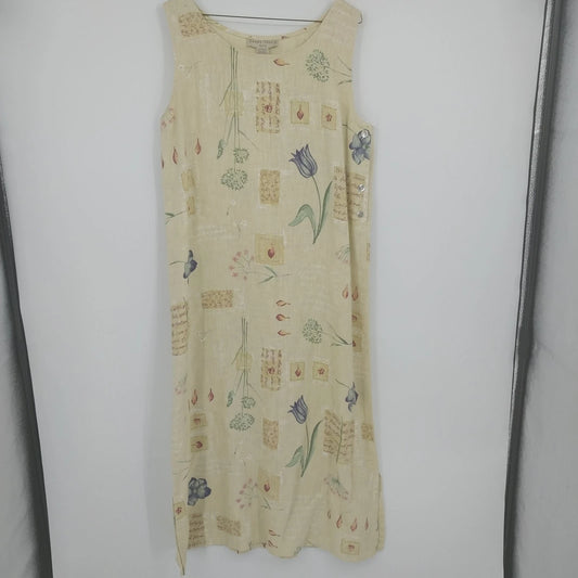Sweet Jessie yellow floral botanical linen maxi dress sleeveless petite large