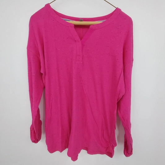 T by Talbots women's pink speckled cotton top with notch neckline and long sleeves