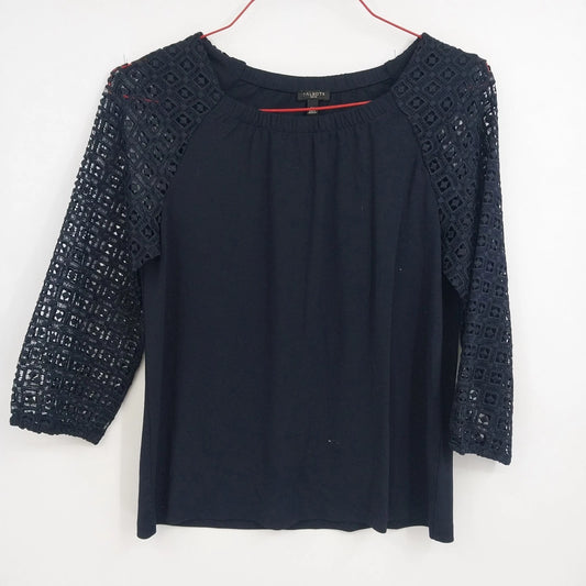 Talbots petite navy blue blouse with lace crochet three quarter sleeves