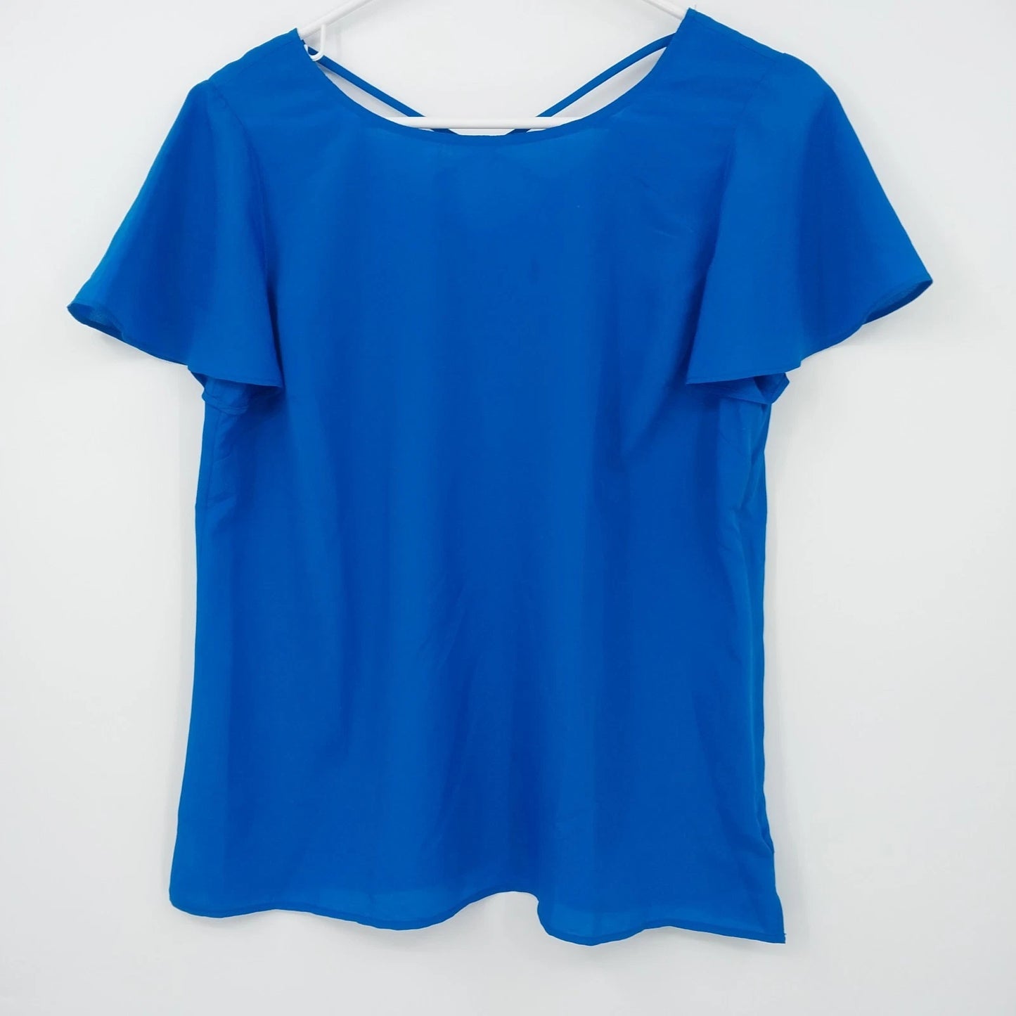 Blue Talbots Petites chiffon blouse with flutter sleeves and V neck