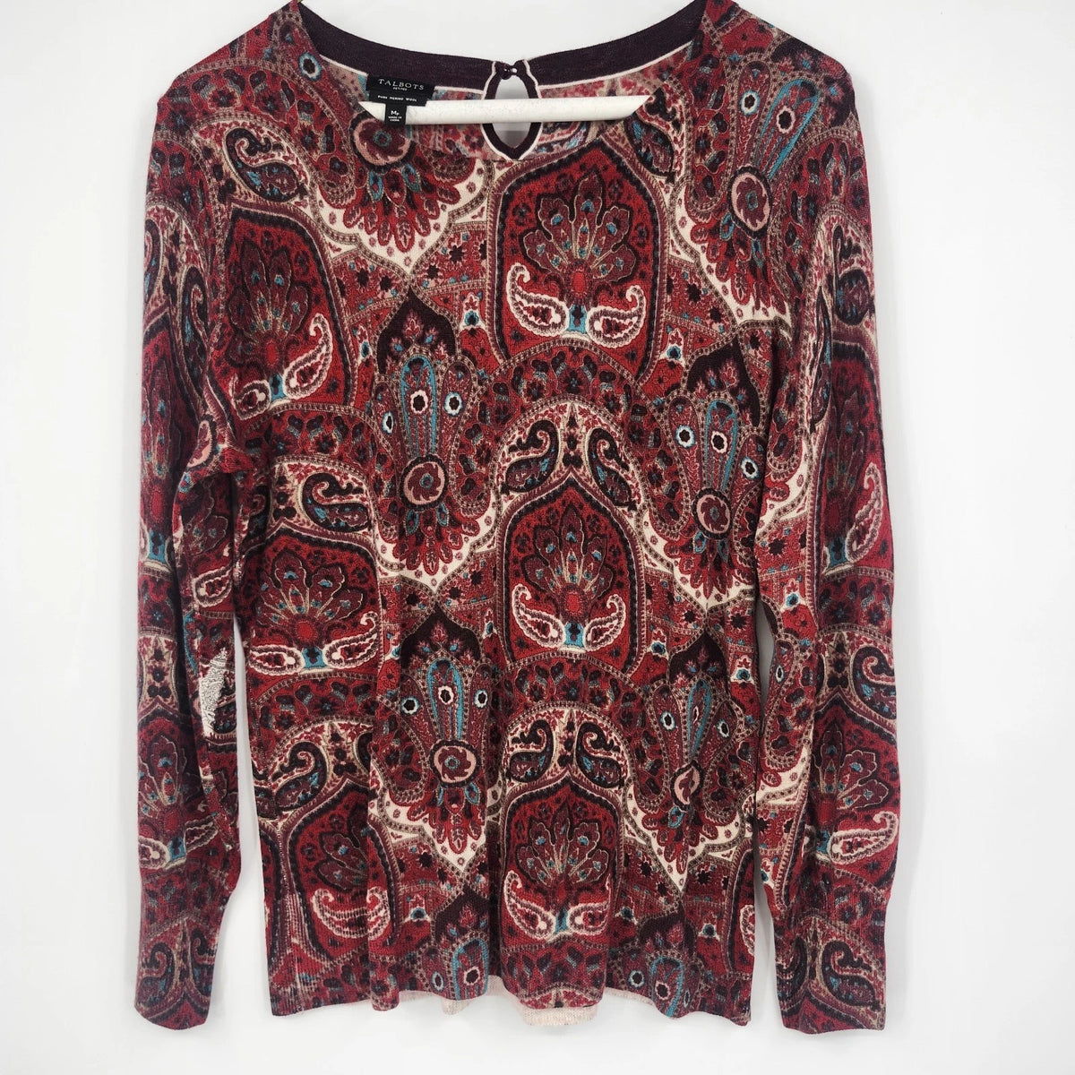 Talbots Petites burgundy Merino wool sweater with paisley medallion pattern