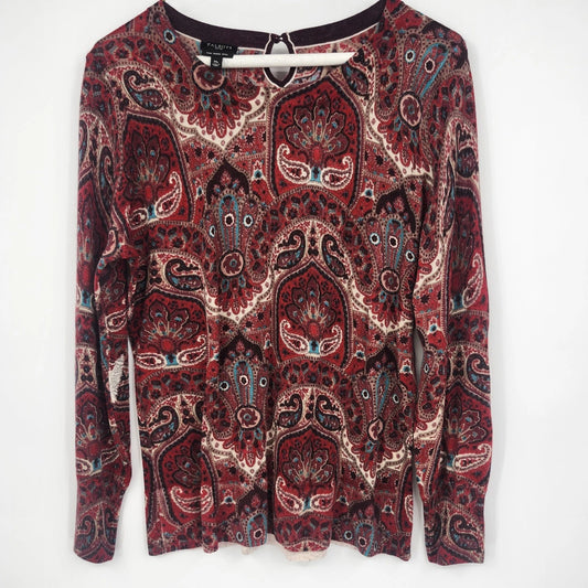 Talbots Petites burgundy Merino wool sweater with paisley medallion pattern