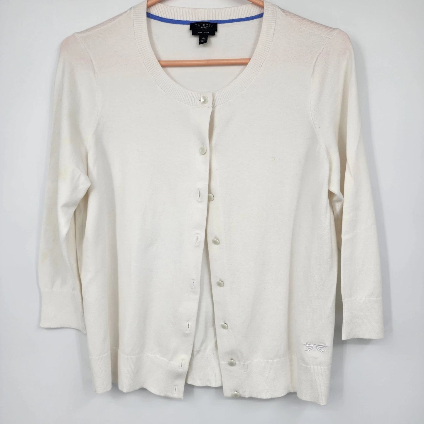 White Talbots cardigan sweater with embroidered dragonfly detail