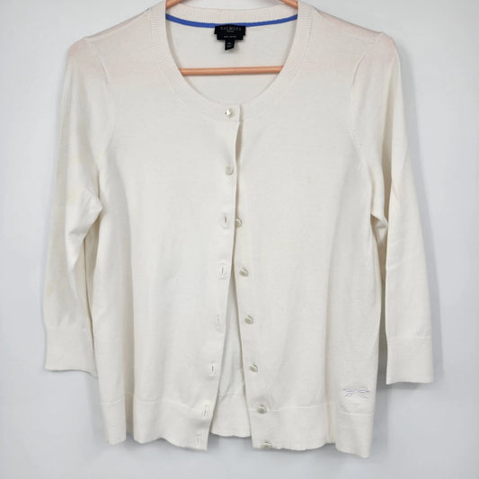 White Talbots cardigan sweater with embroidered dragonfly detail