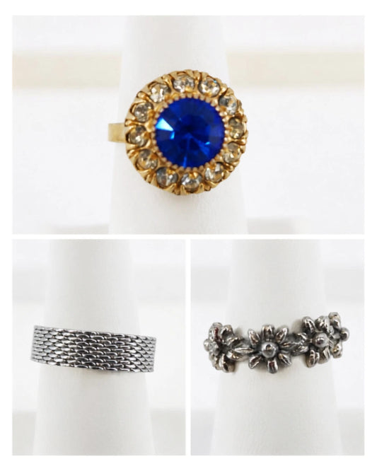 Three piece fashion ring lot with blue rhinestone