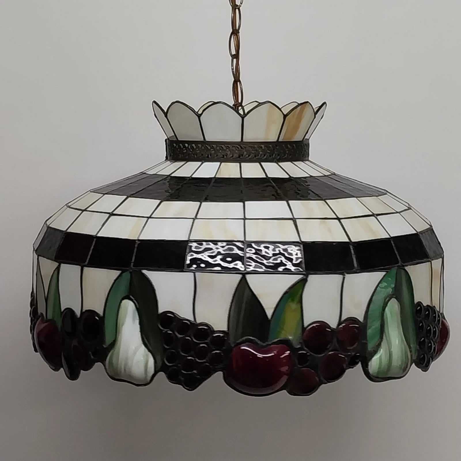 Tiffany style stained glass hanging lamp with 3D fruit motif and colorful leaded glass panels
