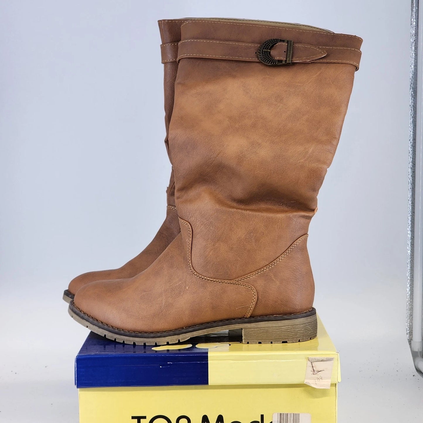 Top Moda tan knee high riding boots with block heel
