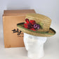 vintage straw boater hat green band red flower Ted Jacobs box