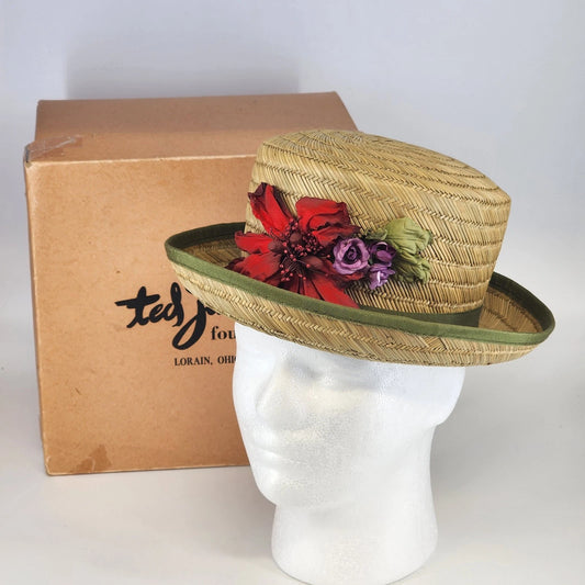 vintage straw boater hat green band red flower Ted Jacobs box