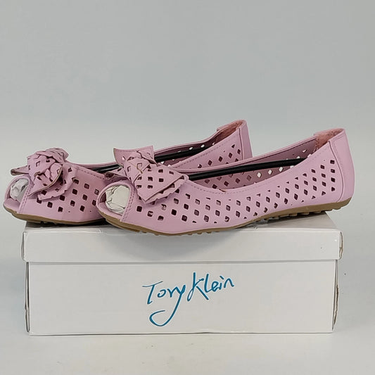 Tory Klein pink peep toe flats with bow detail

