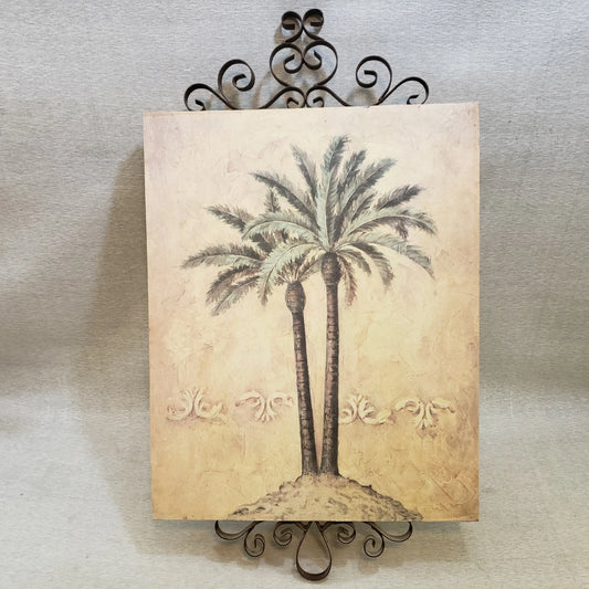 Tropical palm tree drawing print with decorative metal scroll trim
