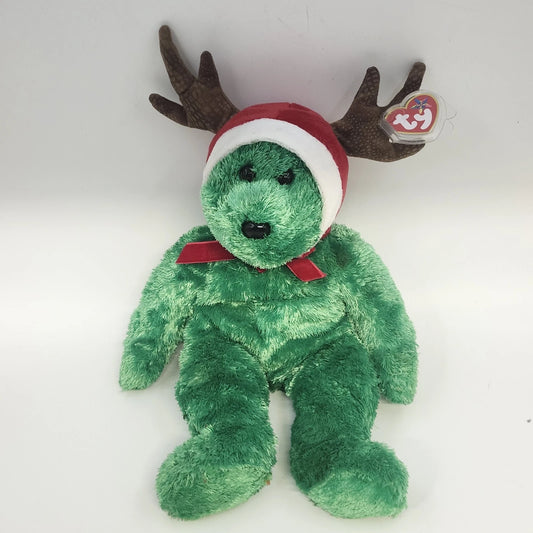 Green Ty holiday teddy bear with reindeer antlers and red ribbon