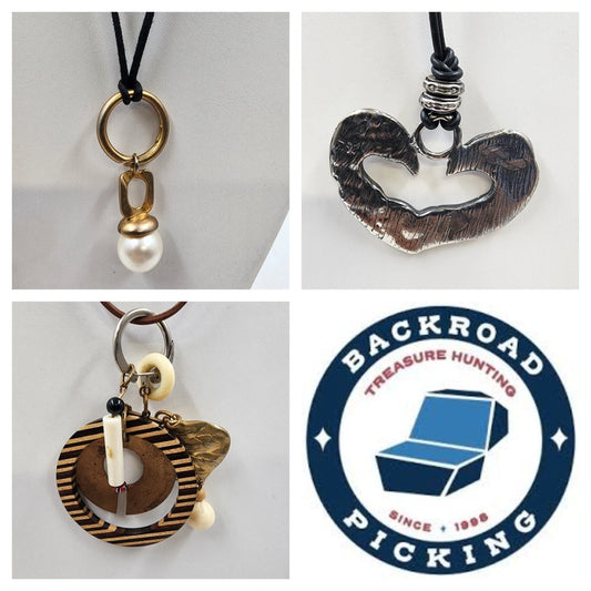 3 adjustable corded pendant necklaces with faux pearl heart discs