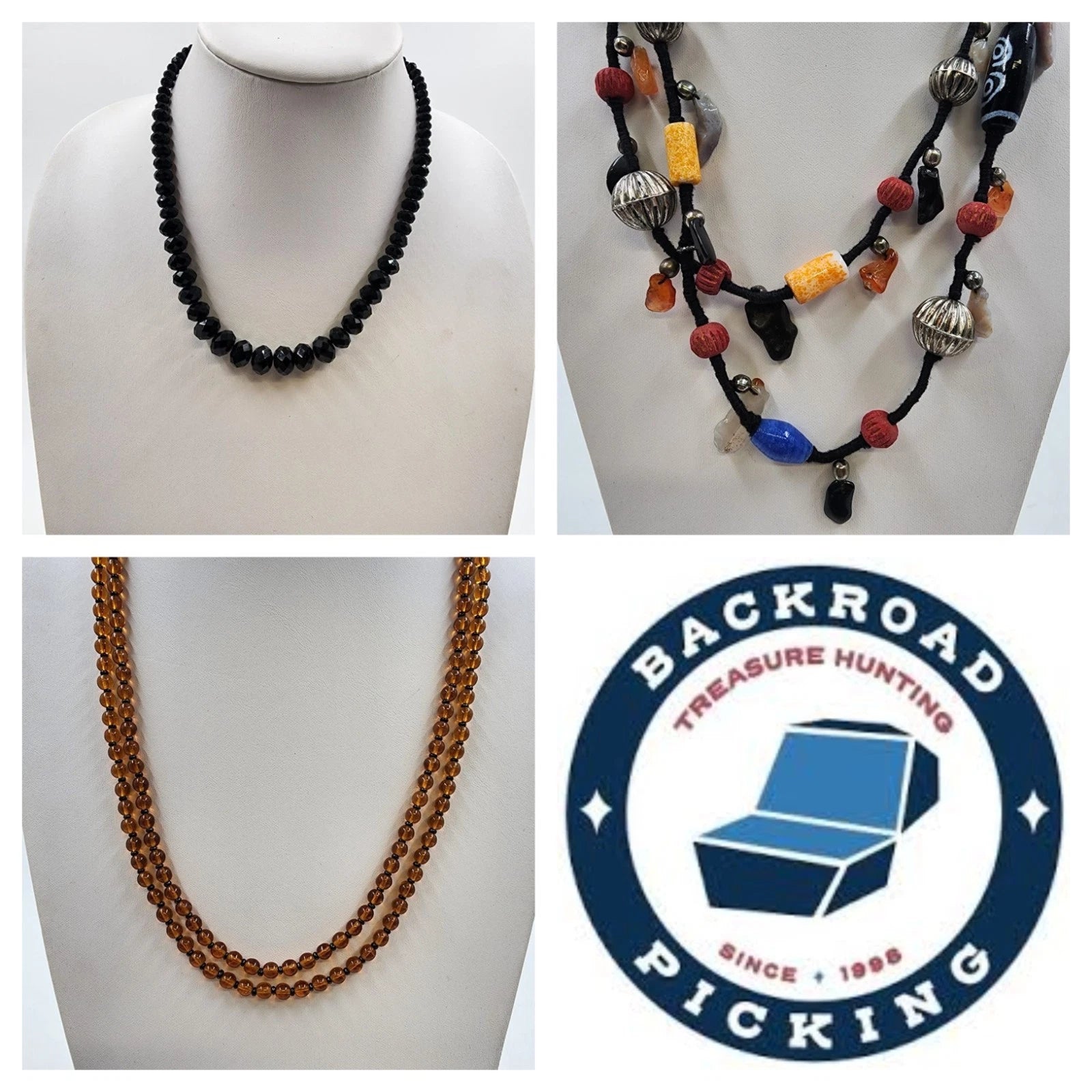 Lot of three beaded necklaces with black faceted amber and multicolor beads