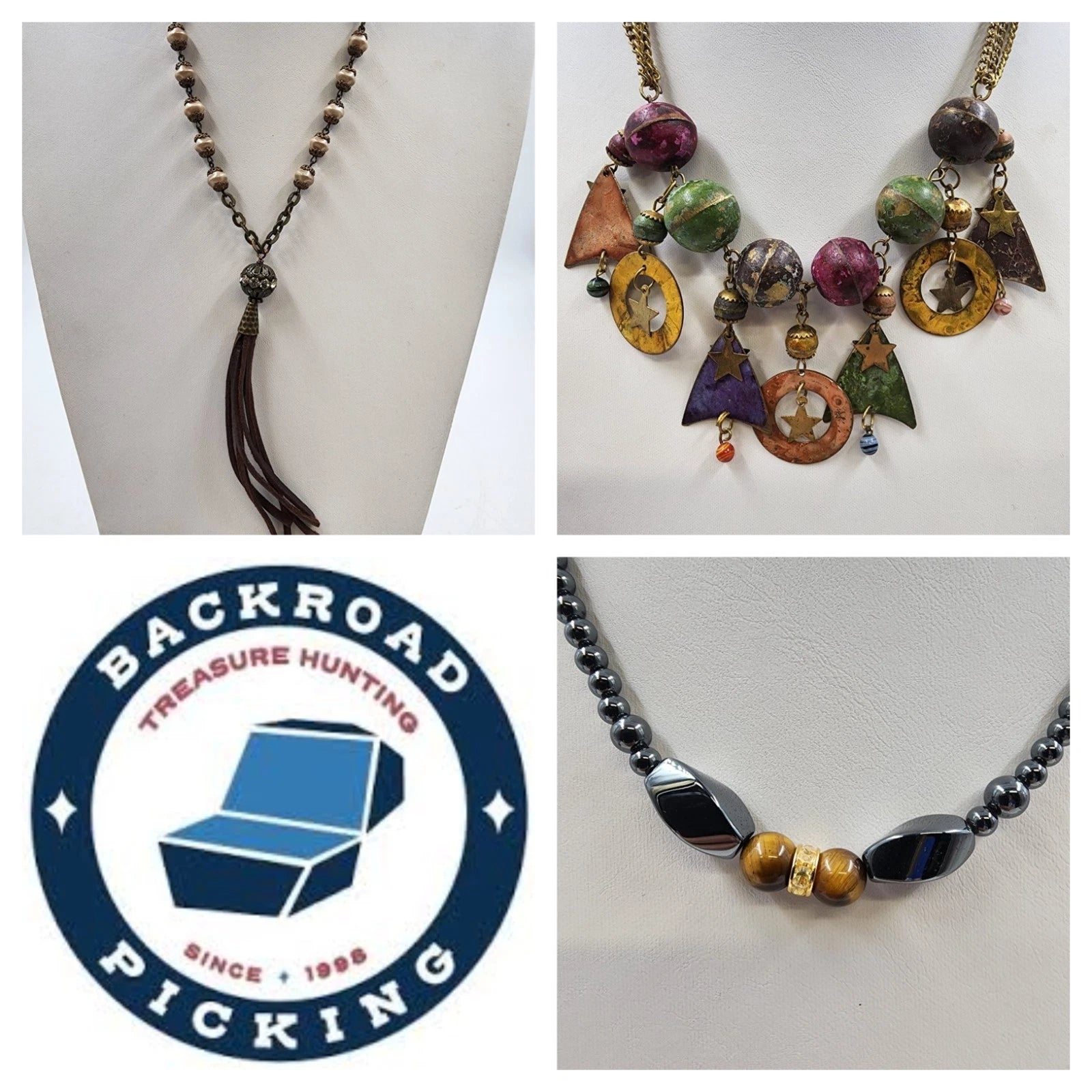 Lot of three beaded chain necklaces with tassel rhinestone and tiger eye