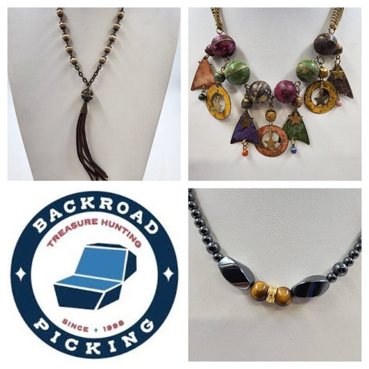 Lot of three beaded chain necklaces with tassel rhinestone and tiger eye