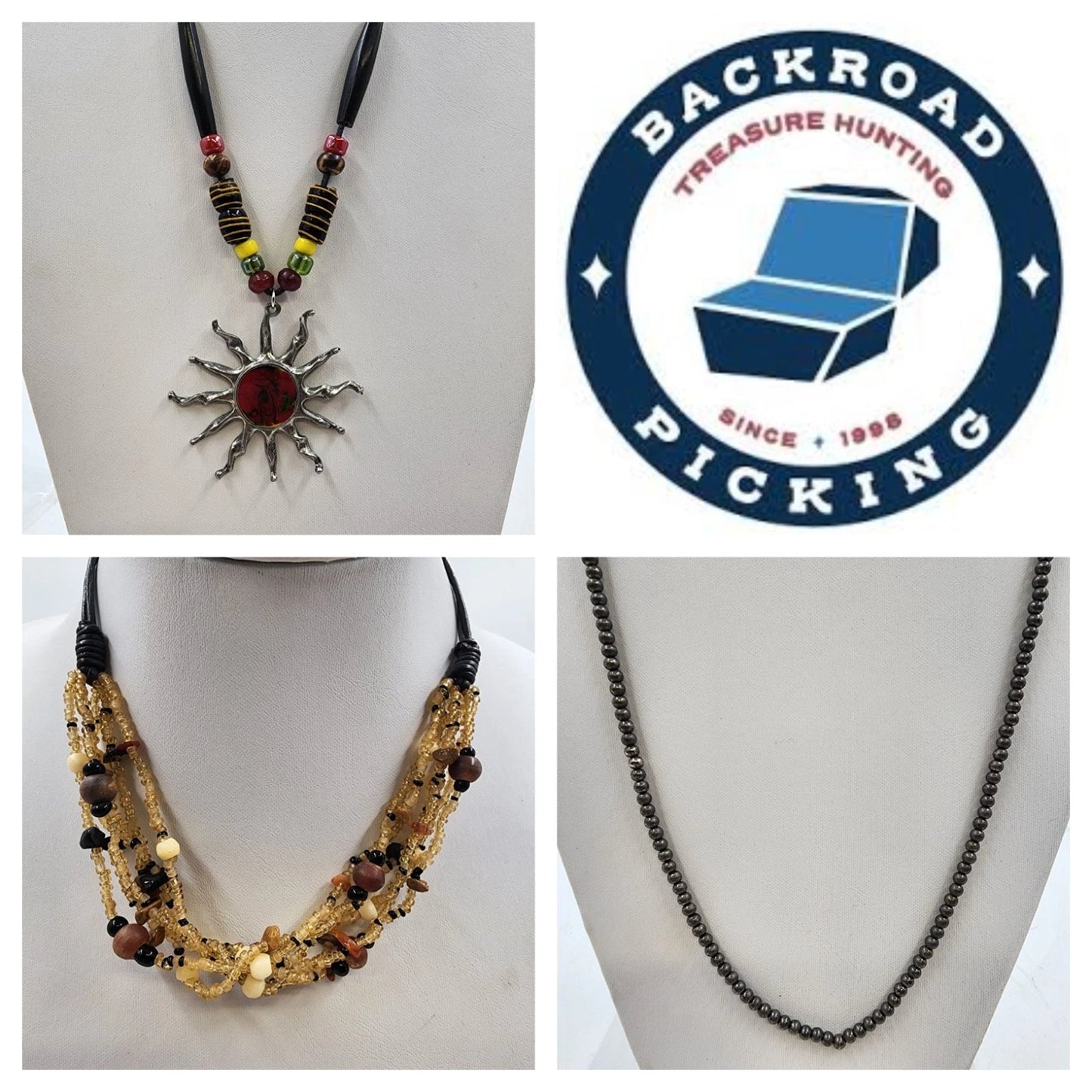 Lot of three beaded cord necklaces with multicolor beads and sun pendant