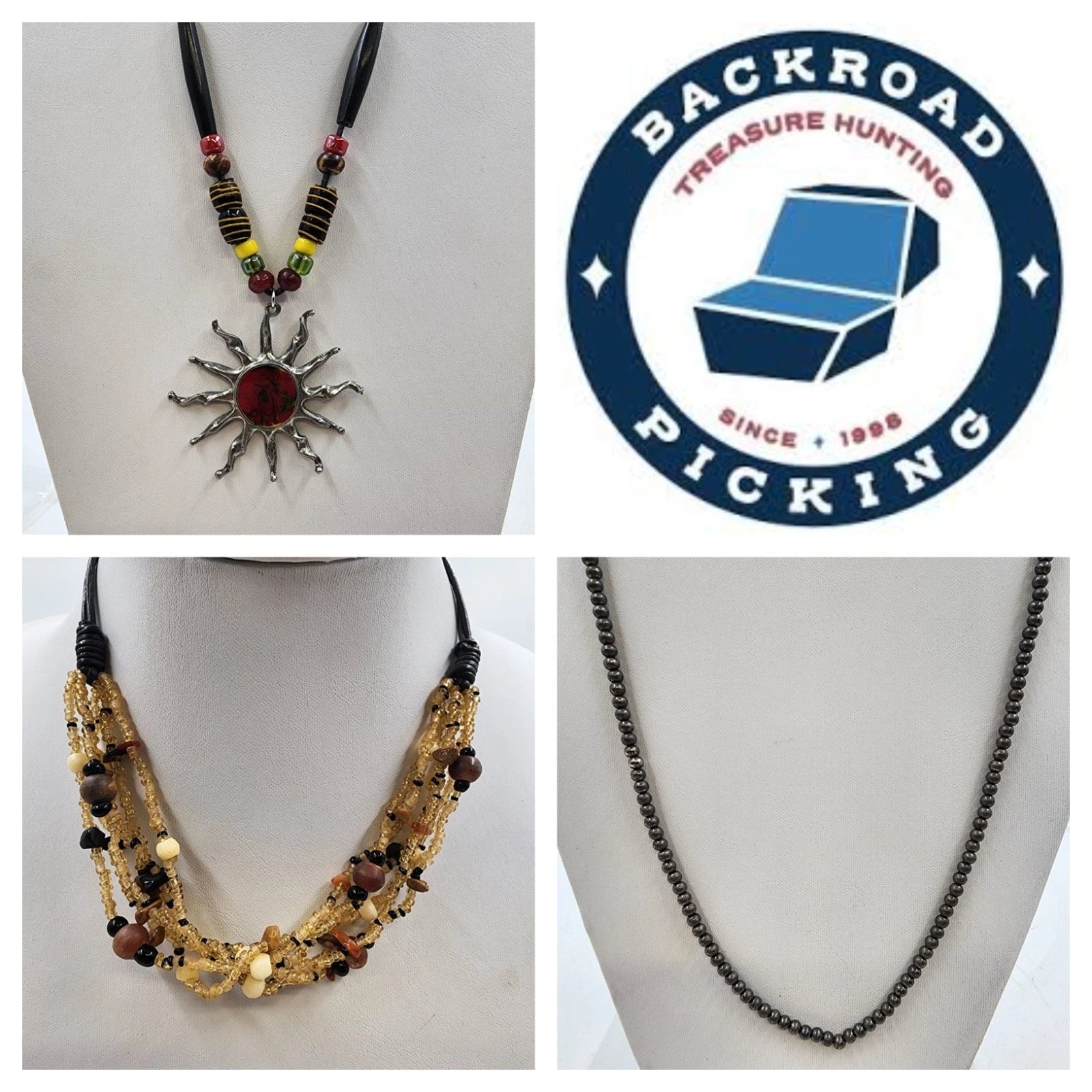 Lot of three beaded cord necklaces with multicolor beads and sun pendant