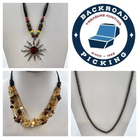 Lot of three beaded cord necklaces with multicolor beads and sun pendant