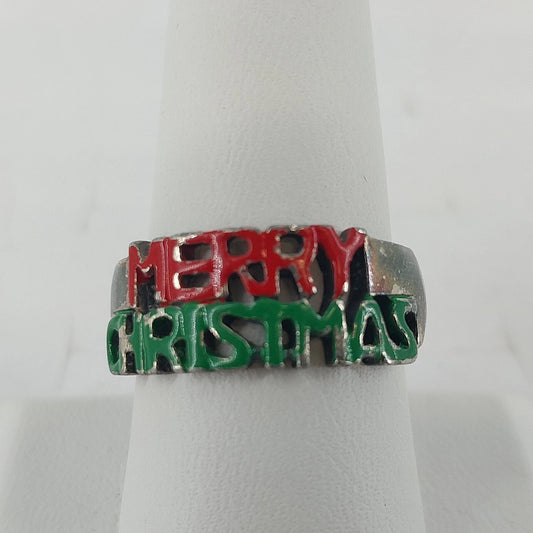 Merry Christmas silver tone enamel ring red green size 9