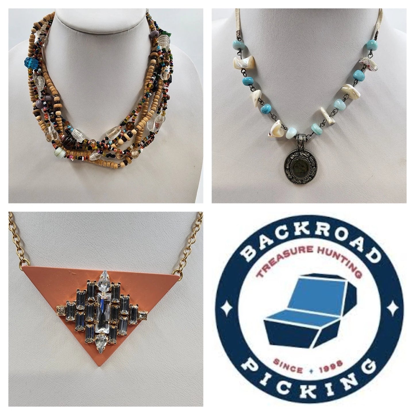 Lot of three mixed bead chain necklaces with shell and rhinestone pendants