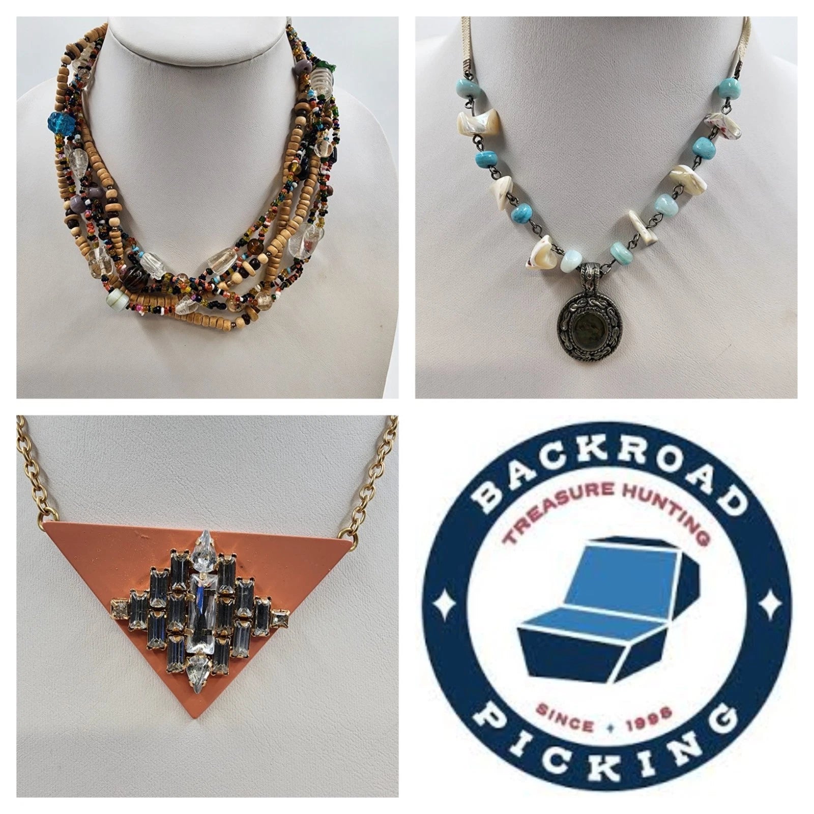 Lot of three mixed bead chain necklaces with shell and rhinestone pendants