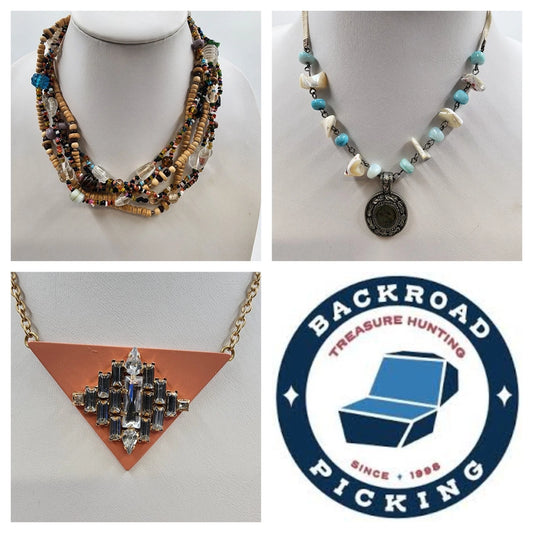 Lot of three mixed bead chain necklaces with shell and rhinestone pendants