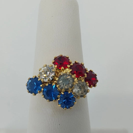 Gold tone red white blue rhinestone cluster ring size 7