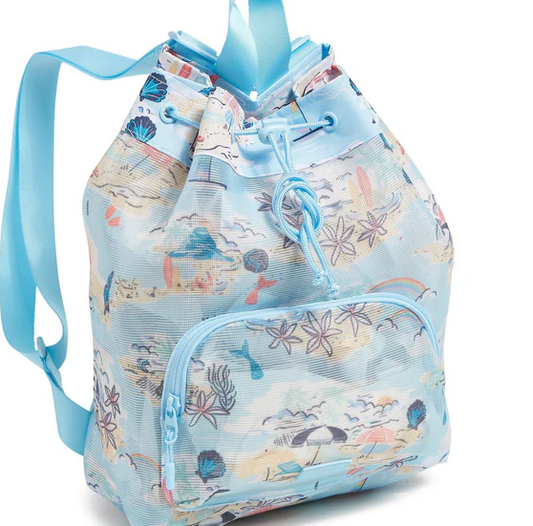 Vera Bradley Beach Treasure mesh drawstring backpack with front zip pocket and adjustable nylon straps.